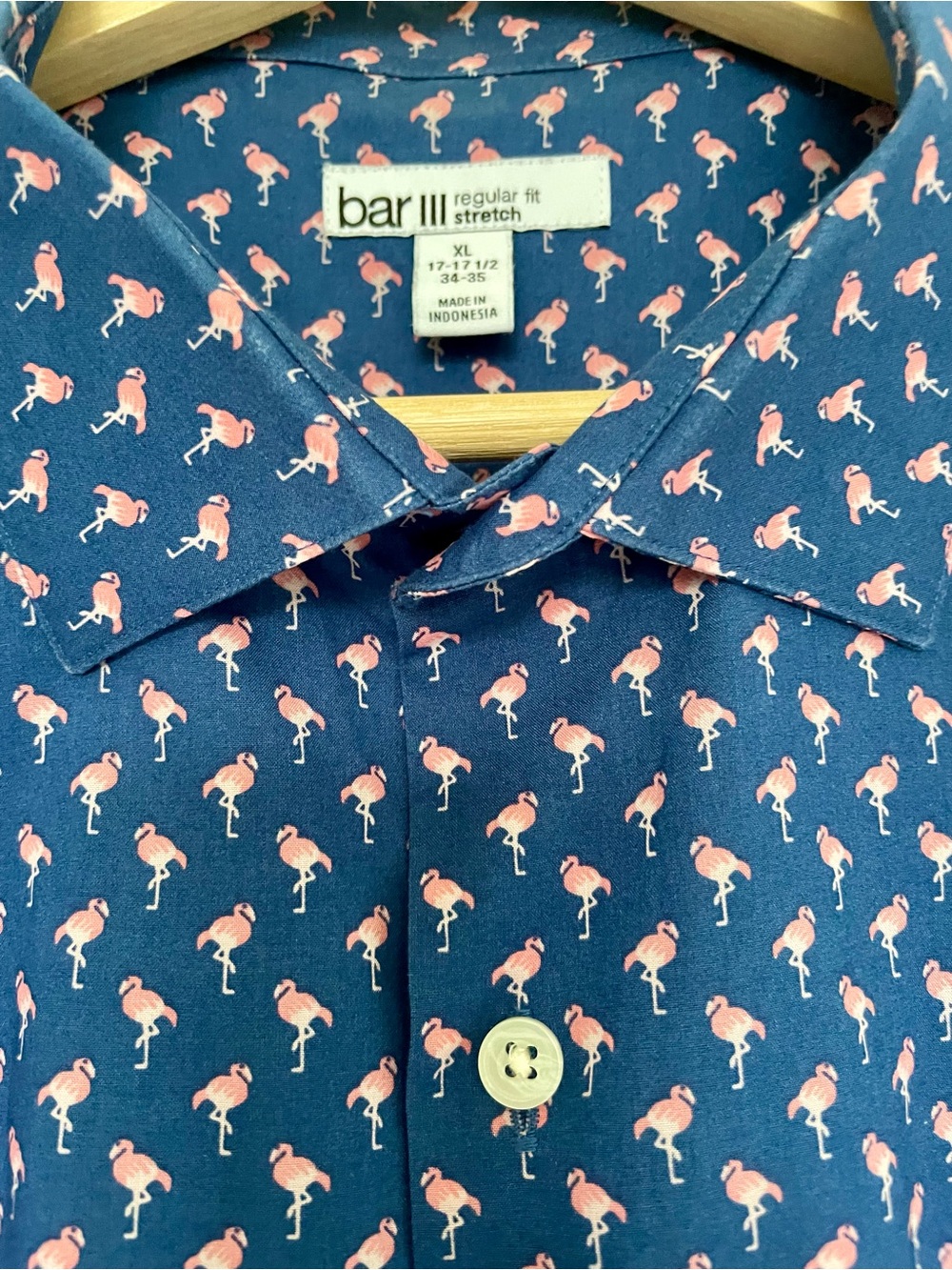 🦩 bar III Men's Blue Stretch Shirt with Pink Flamingo Print
